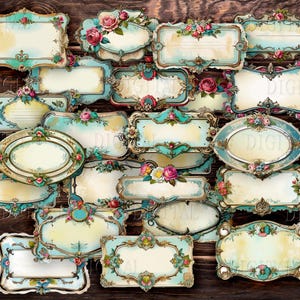 Etiquetas vitorianas em branco, cartões de etiquetas, molduras de flores e rosas, 31 etiquetas digitais, PDF
