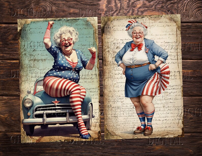 Puede incluir: Dos postales de estilo vintage con una mujer vestida con ropa patri&oacute;tica roja, blanca y azul. La mujer de la izquierda est&aacute; de pie sobre un coche azul, mientras que la mujer de la derecha est&aacute; de pie con las manos en las caderas. Ambas postales tienen un aspecto vintage descolorido.