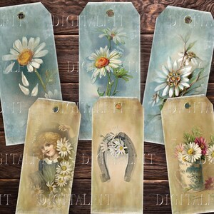 May include: Six vintage style gift tags with a blue background and a white border. Each tag features a different floral design with white daisies and a light blue background. The tags are perfect for adding a touch of vintage charm to your gifts.