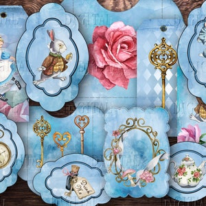 Pacote de itens efêmeros digitais Alice, 33 etiquetas, envelopes, cartões, etiquetas Alice no País das Maravilhas, para impressão, PDF