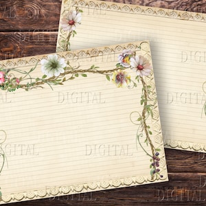 May include: Two printable sheets of lined paper with a floral border. The border features white, pink, and yellow flowers, green leaves, and brown vines. The paper has a vintage, aged look.