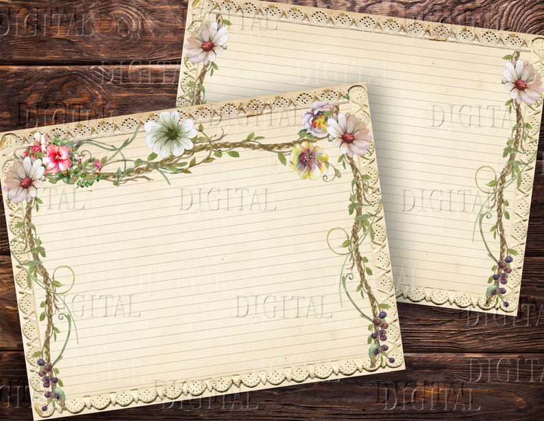 May include: Two printable sheets of lined paper with a floral border. The border features white, pink, and yellow flowers, green leaves, and brown vines. The paper has a vintage, aged look.