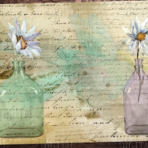 May include: Two vintage glass bottles with a faded floral design on a background of old paper with handwritten text. The bottles are filled with water and have a single white flower in each.