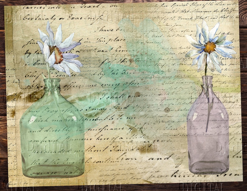 May include: Two vintage glass bottles with a faded floral design on a background of old paper with handwritten text. The bottles are filled with water and have a single white flower in each.