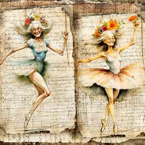 Watercolor illustration of two elderly ballerinas with floral headpieces, dancing on aged paper. One wears a blue leotard and tutu, the other a white leotard and pink tutu. The background features handwritten script. DigitalFit Etsy Store: https://www.etsy.com/shop/DigitalFit