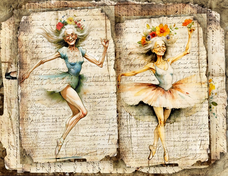 Watercolor illustration of two elderly ballerinas with floral headpieces, dancing on aged paper. One wears a blue leotard and tutu, the other a white leotard and pink tutu. The background features handwritten script. DigitalFit Etsy Store: https://www.etsy.com/shop/DigitalFit