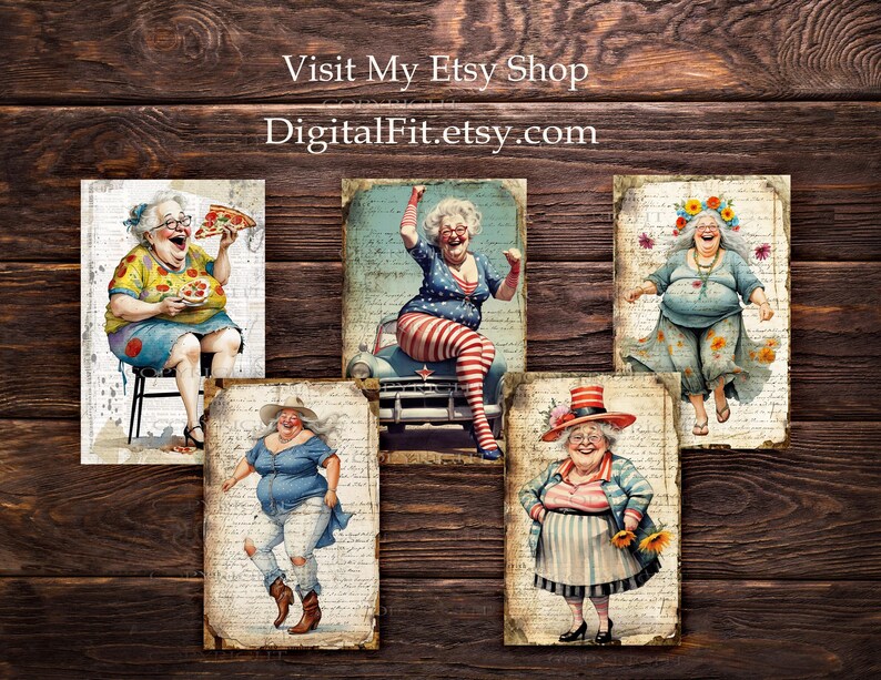 May include: Five digital printable images featuring humorous illustrations of women in various poses. The images are set against a vintage background with a handwritten text overlay. The text on the images reads "Visit My Etsy Shop DigitalFit.etsy.com".