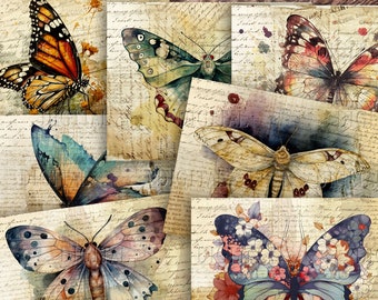 Könnte beinhalten: Eine Collage aus sechs Bildern im Vintage-Stil mit Aquarell-Schmetterlingen auf einem Hintergrund aus alten handgeschriebenen Briefen. Die Schmetterlinge sind in verschiedenen Farben, darunter Blau, Grün, Orange und Braun.