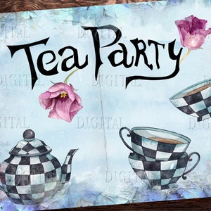 Alice nel paese delle meraviglie Blue Junk Journal Pages, invito al Tea Party, carta digitale Alice, stampe del paese delle meraviglie