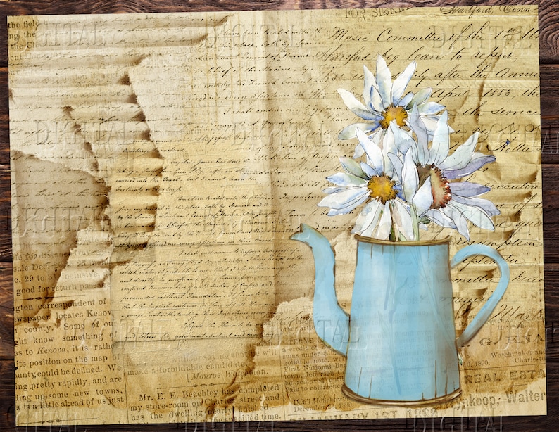 May include: A vintage blue metal watering can with a rustic wooden background. The can is filled with white daisies with yellow centers. The background is a collage of old, faded paper with handwritten text.