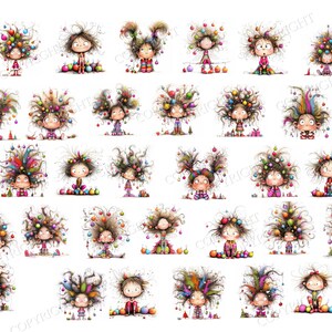 May include: A collection of thirty individual illustrations featuring cartoon characters with wild, messy hair decorated with colorful Christmas ornaments. Each character has large eyes and is depicted in various poses, surrounded by scattered baubles.