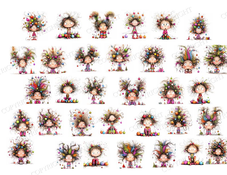 May include: A collection of thirty individual illustrations featuring cartoon characters with wild, messy hair decorated with colorful Christmas ornaments. Each character has large eyes and is depicted in various poses, surrounded by scattered baubles.