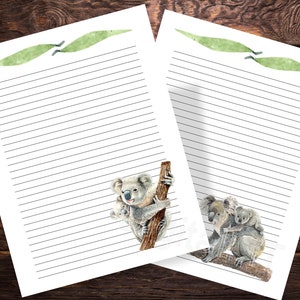 Koala Bear & Koala Baby, Printable Digital Paper, Joey, 4 Pages, Instant Download, Lined Writing Paper, 8.5x11, JPG, PDF