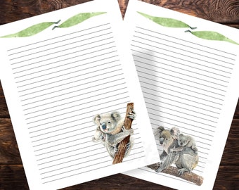 Koala Bear & Koala Baby, Printable Digital Paper, Joey, 4 Pages, Instant Download, Lined Writing Paper, 8.5x11, JPG, PDF