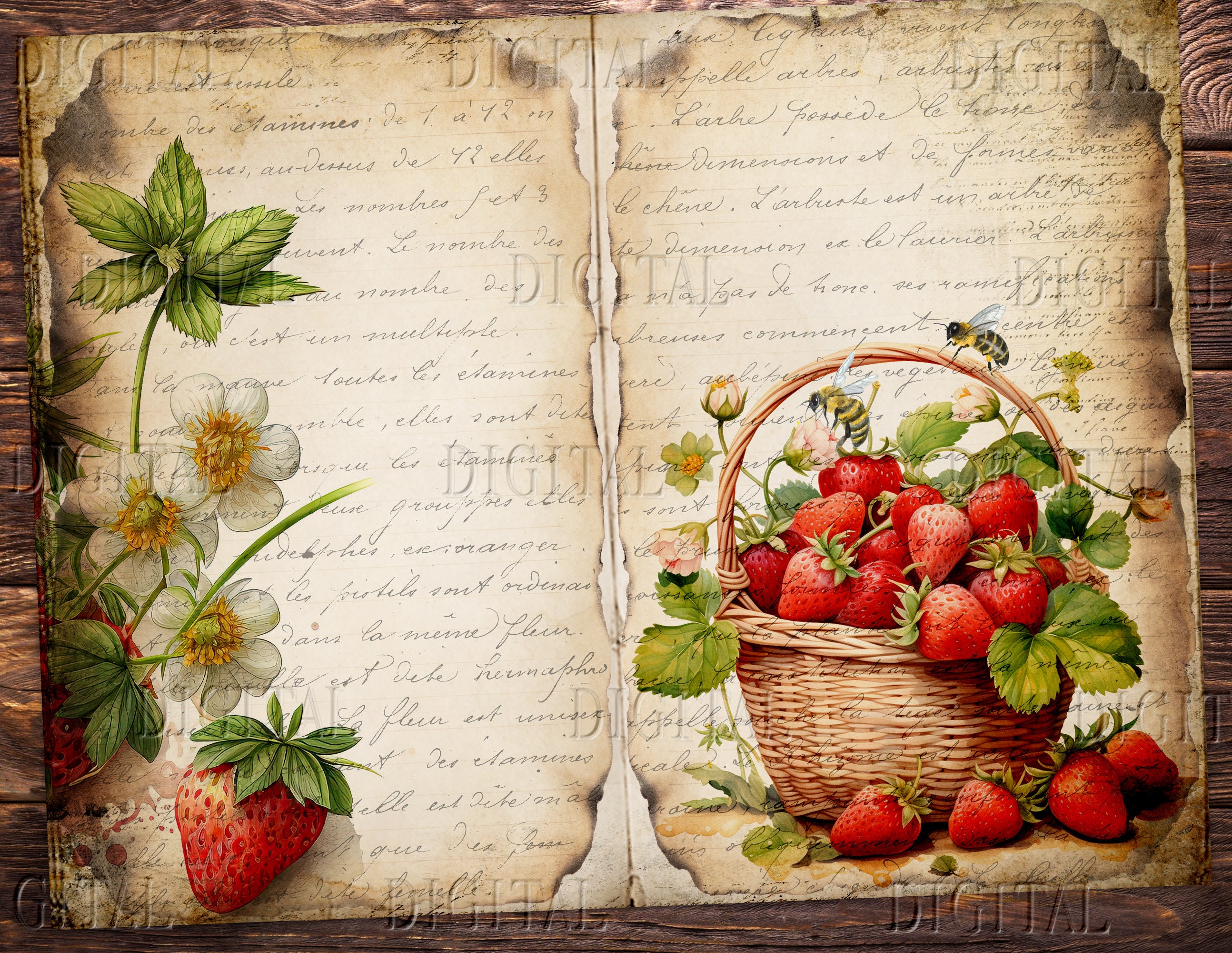 Strawberry Bee, Junk Journal Kit, 10 Vintage Journal Pages