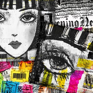 Puede incluir: Collage de arte digital en blanco y negro que presenta un rostro femenino estilizado y un primer plano de un ojo. La obra de arte incorpora recortes de periódicos, pegatinas de códigos de barras y salpicaduras de color.