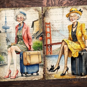 Puede incluir: Dos ilustraciones de mujeres mayores con maletas, una con una chaqueta roja y un vestido floral, la otra con una chaqueta amarilla y un vestido de lunares negros y amarillos. La mujer de la izquierda est&aacute; sentada en una maleta frente a un paisaje urbano con una torre. La mujer de la derecha est&aacute; sentada en una maleta frente a un puente. Ambas mujeres llevan sombreros.