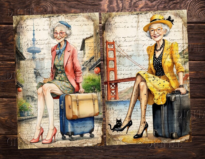 Puede incluir: Dos ilustraciones de mujeres mayores con maletas, una con una chaqueta roja y un vestido floral, la otra con una chaqueta amarilla y un vestido de lunares negros y amarillos. La mujer de la izquierda est&aacute; sentada en una maleta frente a un paisaje urbano con una torre. La mujer de la derecha est&aacute; sentada en una maleta frente a un puente. Ambas mujeres llevan sombreros.