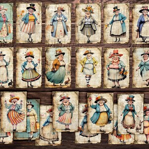 May include: A collection of 18 digital collage sheets featuring whimsical illustrations of women wearing hats and dresses. Each sheet has a vintage aesthetic with a textured background.