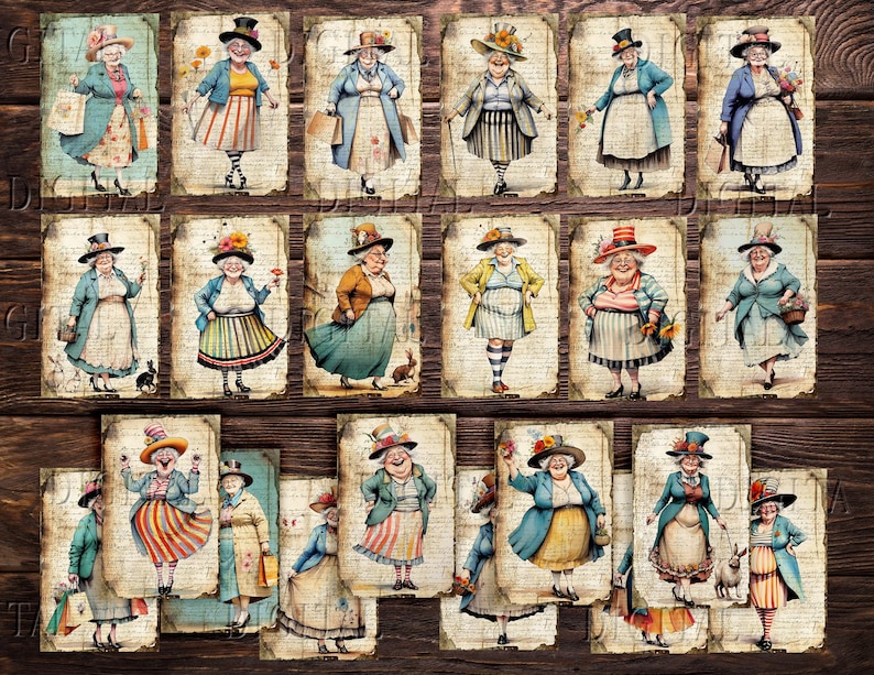 May include: A collection of 18 digital collage sheets featuring whimsical illustrations of women wearing hats and dresses. Each sheet has a vintage aesthetic with a textured background.