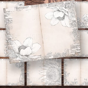 White Flowers Junk Journal Papel para impressão, 17 Imprima você mesmo, pautado e páginas em branco para economizar tinta, PDF