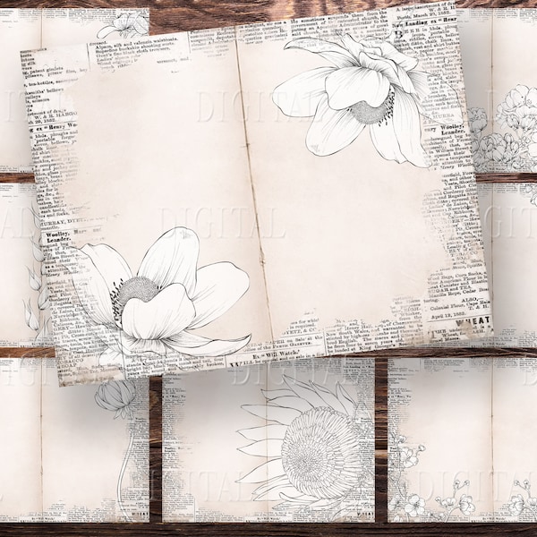 White Flowers Junk Journal Printable Paper, 17 Print Yourself Lined & Blank Ink Saver Pages, PDF