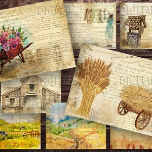 K&ouml;nnte beinhalten: Eine Sammlung von digitalen Papieren im Vintage-Stil mit Bildern eines Bauernhauses, eines Brunnens, einer Schubkarre voller Heu, einer Schubkarre voller Blumen, Weizen&auml;hren und einer l&auml;ndlichen Landschaft.