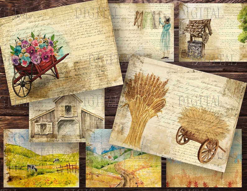 K&ouml;nnte beinhalten: Eine Sammlung von digitalen Papieren im Vintage-Stil mit Bildern eines Bauernhauses, eines Brunnens, einer Schubkarre voller Heu, einer Schubkarre voller Blumen, Weizen&auml;hren und einer l&auml;ndlichen Landschaft.
