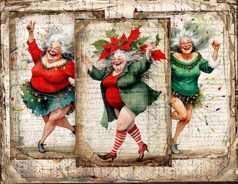 Three women in festive attire, wearing red, green, and black dresses, with white hair and smiling faces, are surrounded by colorful Christmas lights. DigitalFit Etsy Store: https://www.etsy.com/shop/DigitalFit