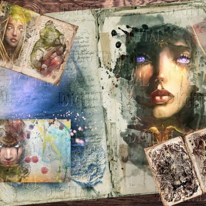 May include: An open book with a watercolor painting of a woman with purple eyes and a golden crown. The book is on a wooden surface with other pages and a book with a detailed design.
