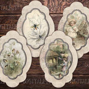May include: Four vintage-style oval frames with ornate borders, each featuring a different nature scene. One frame shows a bee on a flower, another shows a beehive with a woman and child, another shows a girl in a white dress, and the last shows a close-up of a flower with bees.