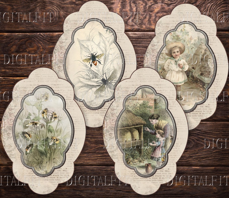 May include: Four vintage-style oval frames with ornate borders, each featuring a different nature scene. One frame shows a bee on a flower, another shows a beehive with a woman and child, another shows a girl in a white dress, and the last shows a close-up of a flower with bees.
