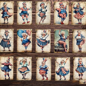 Puede incluir: Doce im&aacute;genes digitales imprimibles de una mujer con un atuendo rojo, blanco y azul con un tema patri&oacute;tico. La mujer lleva un sombrero, un vestido y medias. Las im&aacute;genes est&aacute;n sobre un fondo vintage.