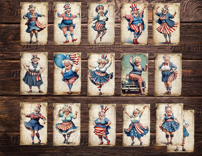 Puede incluir: Doce im&aacute;genes digitales imprimibles de una mujer con un atuendo rojo, blanco y azul con un tema patri&oacute;tico. La mujer lleva un sombrero, un vestido y medias. Las im&aacute;genes est&aacute;n sobre un fondo vintage.
