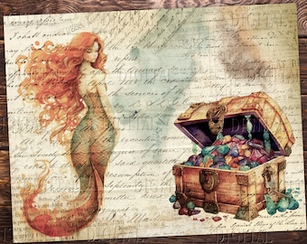 Mermaid Digi Kit, Watercolor Mermaid Junk Journal Kit, 10 Mermaid Craft Papers, PDF
