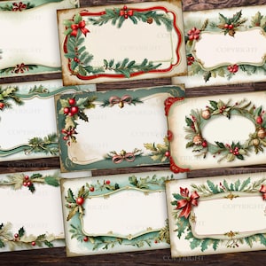 May include: A collection of vintage-style Christmas cards with ornate frames. Each card features festive greenery, red berries, and bows. The cards have a distressed, aged appearance, with a cream-colored center for text.
