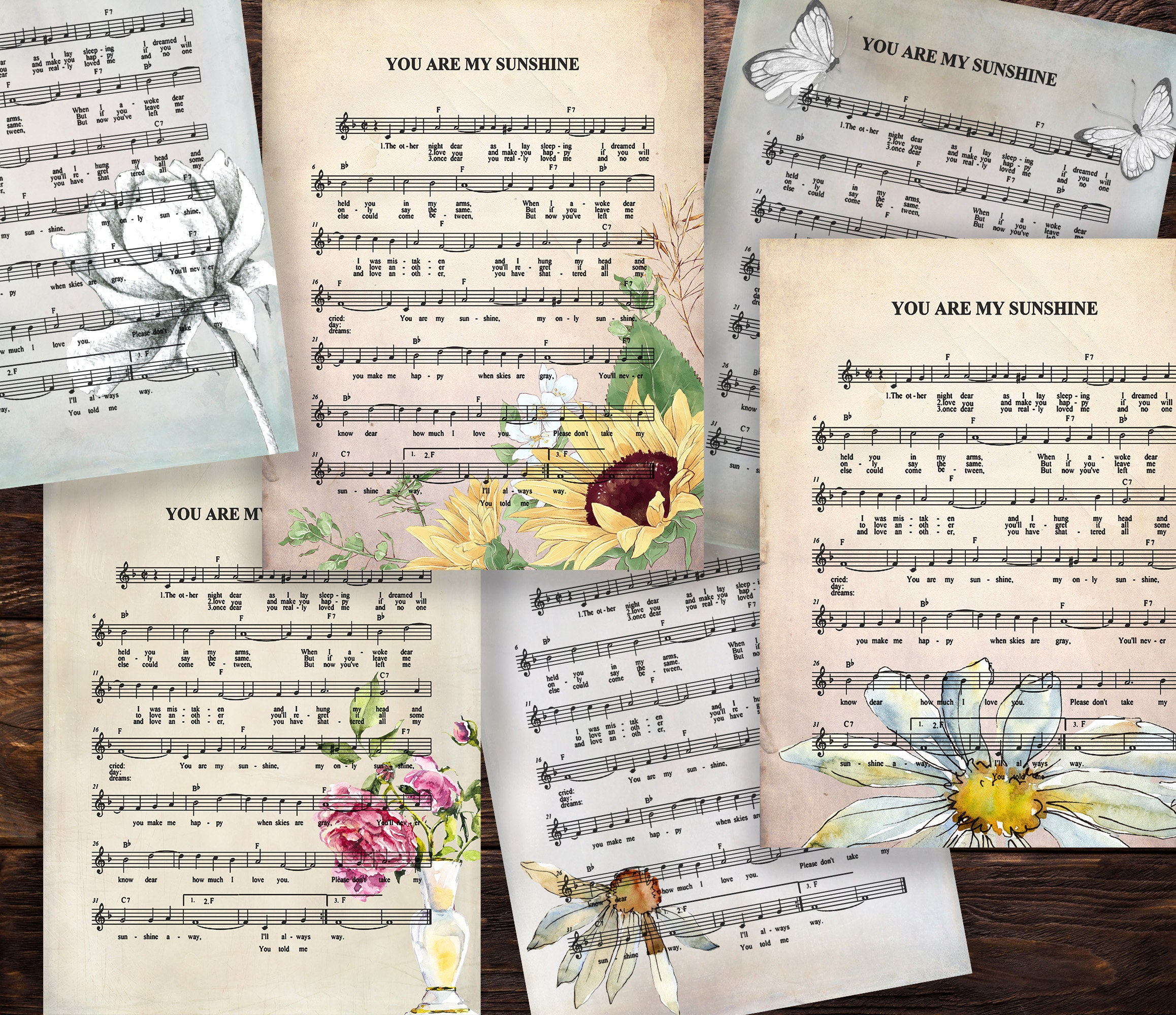 You Are My Sunshine Music Sheet,  Printable Music Page Art, 12 Digital Pages, Nursery Decor, Music Sheet Art Printable, PDF