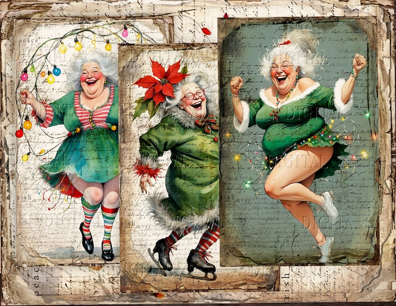 Three women wearing green dresses with Christmas lights and decorations are smiling and laughing. The women are standing in front of a background with a vintage look and handwritten text.
