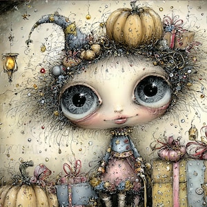 May include: Whimsical illustration of a doll-like figure with large blue eyes, adorned with a pumpkin and a jester's hat. The artwork features a soft color palette, with gifts and pumpkins surrounding the figure, creating a festive, fairytale atmosphere.