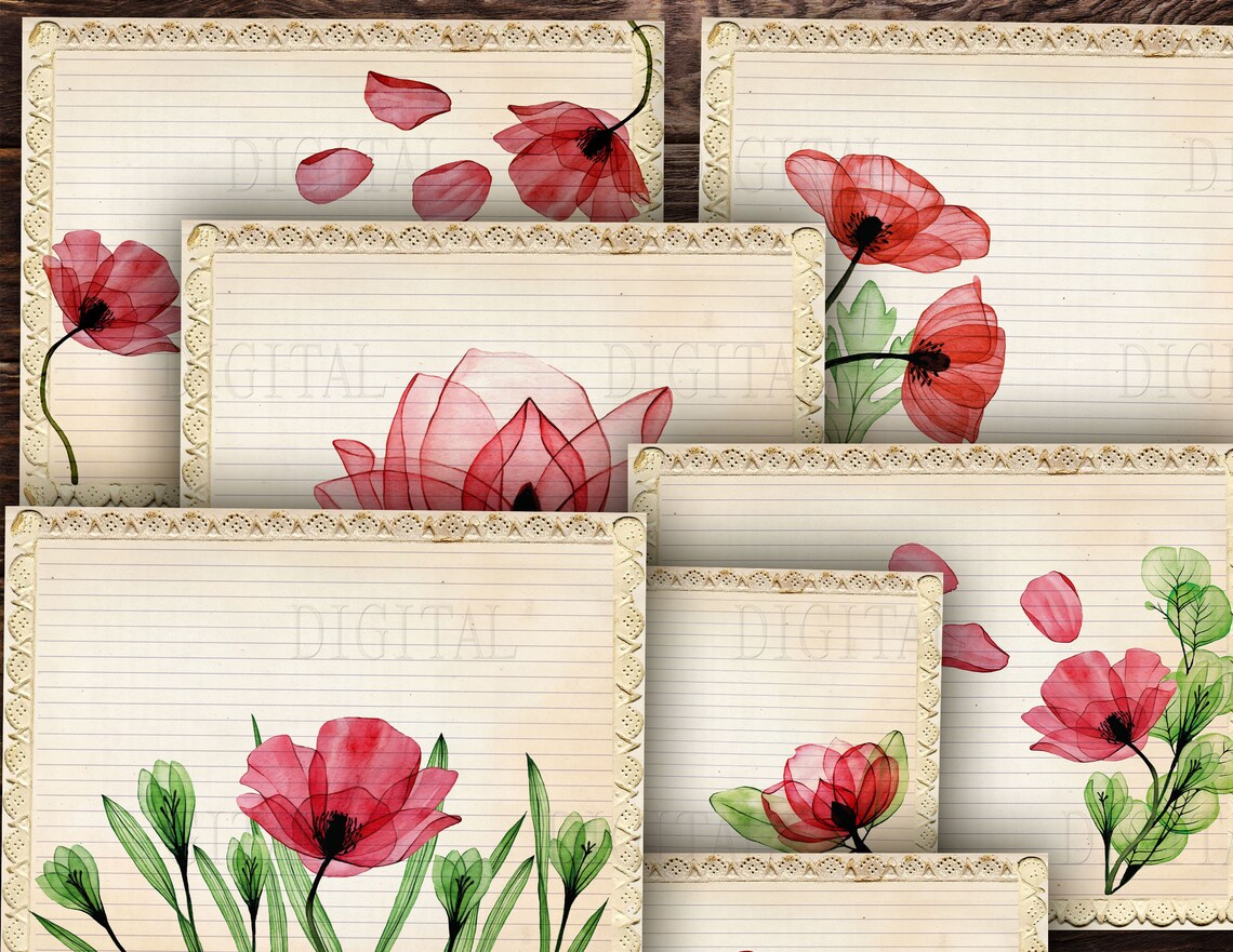 Printable Lined Paper Download 16 Poppy Flower Lined &amp; Blank - Etsy