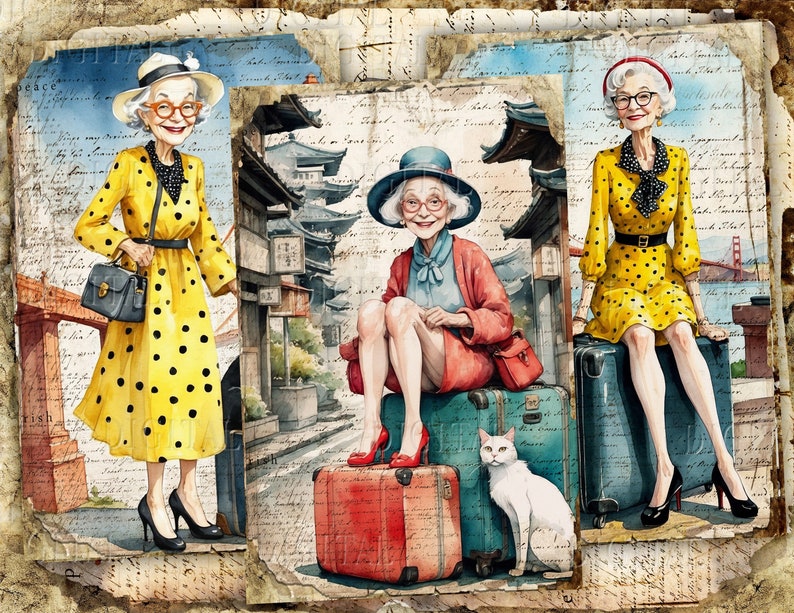 Puede incluir: Tres mujeres con vestidos de lunares amarillos, sombreros y maletas. La mujer de la izquierda lleva un bolso negro. La mujer del centro est&aacute; sentada en una maleta con un gato blanco. La mujer de la derecha est&aacute; sentada en una maleta con un sombrero rojo.