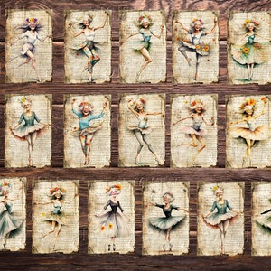 A collection of watercolor illustrations of ballerinas on aged paper. Each dancer is depicted in a unique pose and costume, with floral headpieces. The background is a dark wood texture, enhancing the vintage aesthetic. DigitalFit Etsy Store: https://www.etsy.com/shop/DigitalFit