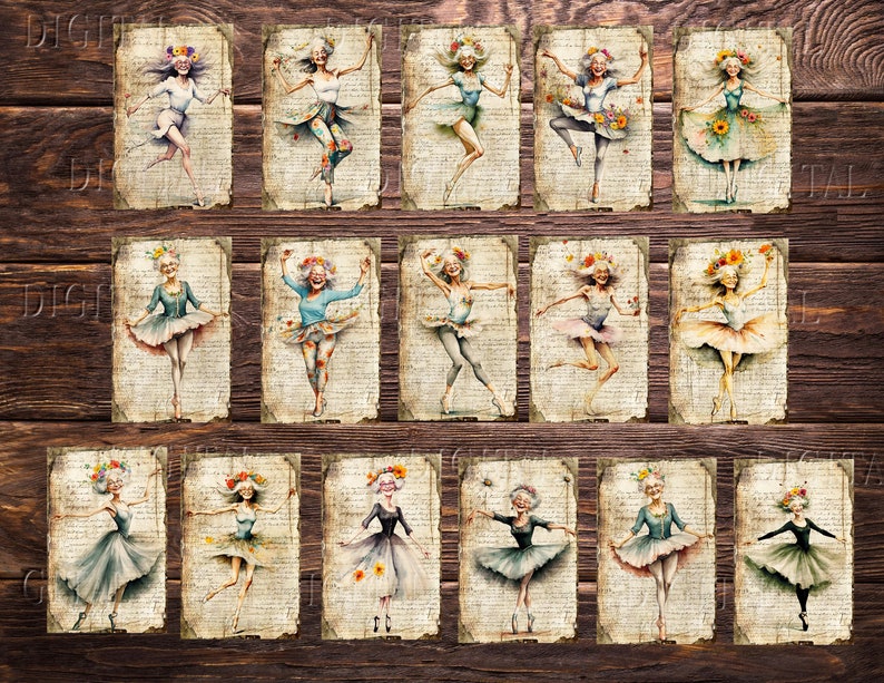A collection of watercolor illustrations of ballerinas on aged paper. Each dancer is depicted in a unique pose and costume, with floral headpieces. The background is a dark wood texture, enhancing the vintage aesthetic. DigitalFit Etsy Store: https://www.etsy.com/shop/DigitalFit