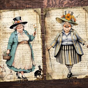 May include: Two illustrations of women wearing hats and dresses. The women are standing on a background of old paper with handwritten text. One woman is holding a bouquet of flowers and a basket. The other woman is holding a walking stick. Both women are smiling.