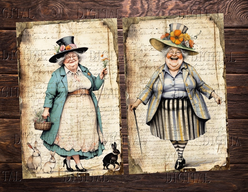 May include: Two illustrations of women wearing hats and dresses. The women are standing on a background of old paper with handwritten text. One woman is holding a bouquet of flowers and a basket. The other woman is holding a walking stick. Both women are smiling.