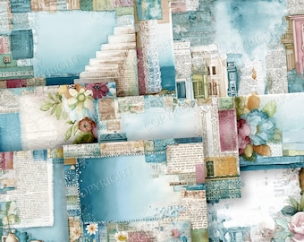 Blue Teal Watercolor Digital Paper, 25 Printable Scrapbook pages, Digital Download