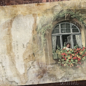 Peut inclure: Une carte postale vintage avec une image d&eacute;lav&eacute;e d'une fen&ecirc;tre avec une fille qui regarde dehors. La fen&ecirc;tre est entour&eacute;e d'une vigne verte luxuriante et de fleurs rouges. La carte postale a un aspect vieilli et d&eacute;t&eacute;rior&eacute;.