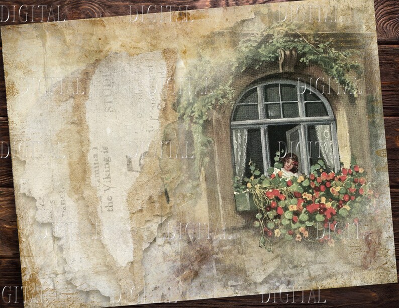 Peut inclure: Une carte postale vintage avec une image d&eacute;lav&eacute;e d'une fen&ecirc;tre avec une fille qui regarde dehors. La fen&ecirc;tre est entour&eacute;e d'une vigne verte luxuriante et de fleurs rouges. La carte postale a un aspect vieilli et d&eacute;t&eacute;rior&eacute;.