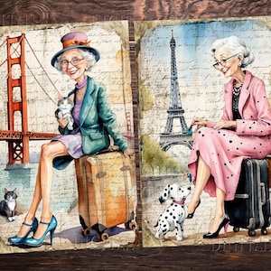 Puede incluir: Dos mujeres, una con un gato y otra con un perro, est&aacute;n sentadas en maletas frente a monumentos famosos. La mujer con el gato lleva una chaqueta verde y un sombrero, y est&aacute; sentada frente al Golden Gate Bridge. La mujer con el perro lleva un vestido rosa de lunares y est&aacute; sentada frente a la Torre Eiffel.