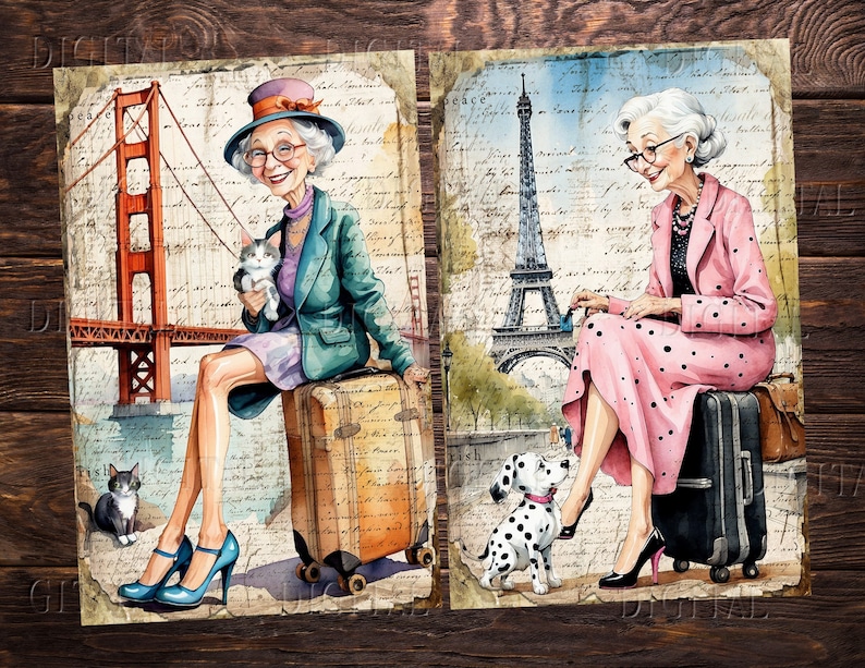 Puede incluir: Dos mujeres, una con un gato y otra con un perro, est&aacute;n sentadas en maletas frente a monumentos famosos. La mujer con el gato lleva una chaqueta verde y un sombrero, y est&aacute; sentada frente al Golden Gate Bridge. La mujer con el perro lleva un vestido rosa de lunares y est&aacute; sentada frente a la Torre Eiffel.